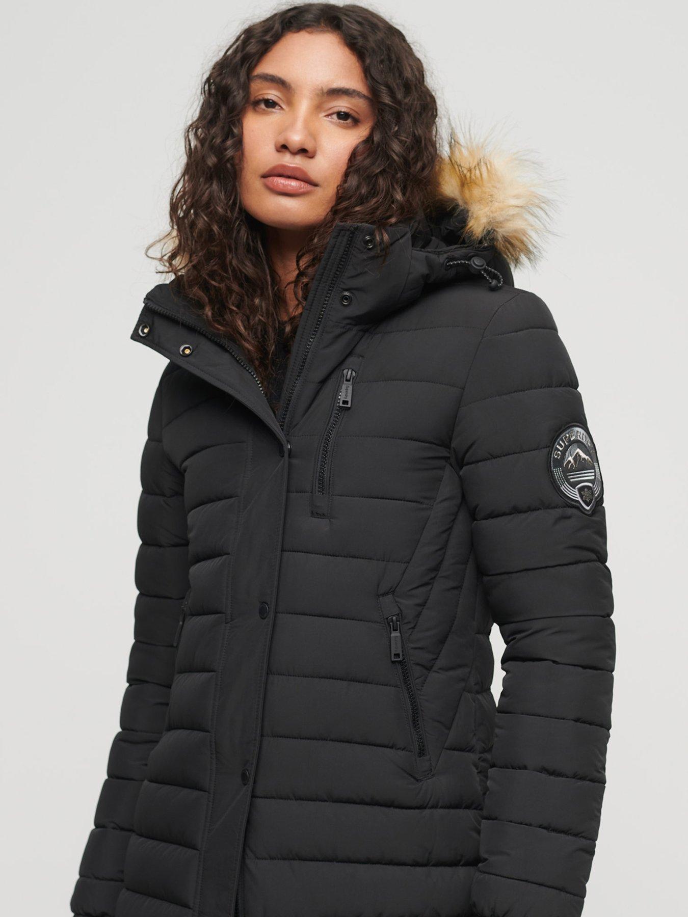 Long black puffer outlet jacket with fur hood