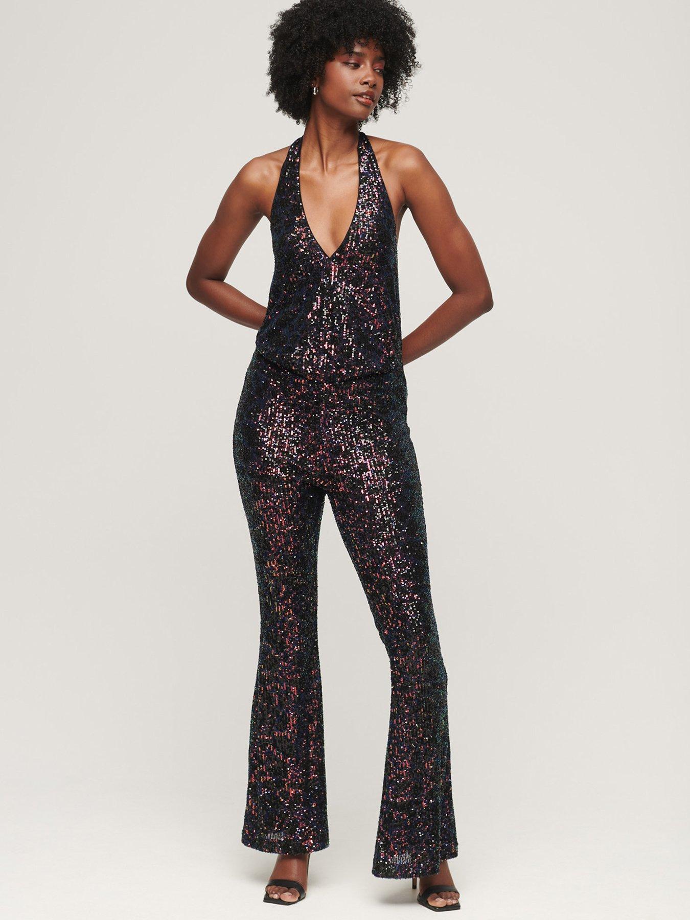 Sequin Halter Neck Flared Jumpsuit