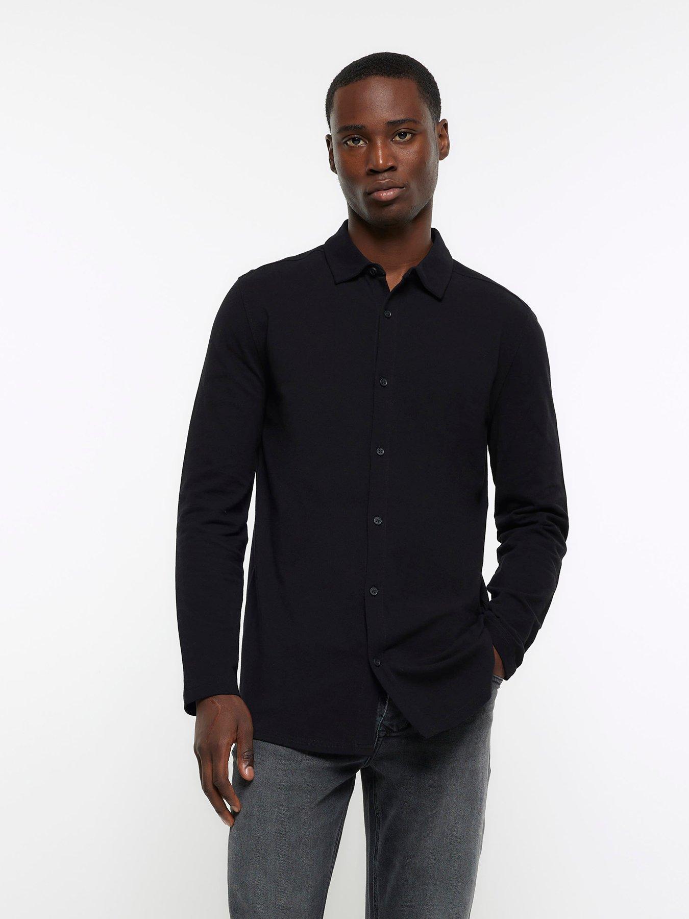 River Island Long Sleeve Pique Jersey Shirt Black very