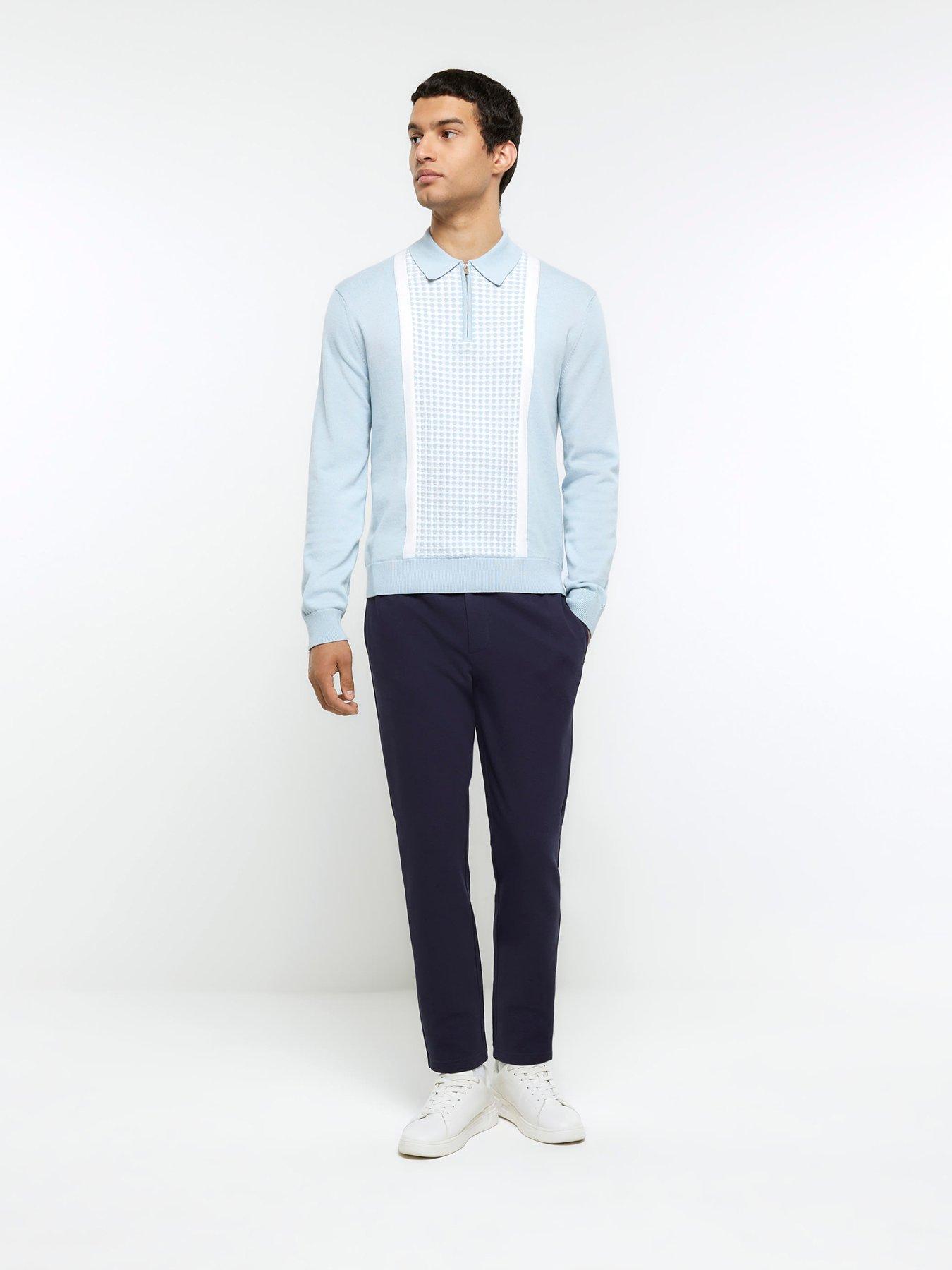 River Island Long Sleeve Border Geo Polo - Light Blue | Very.co.uk