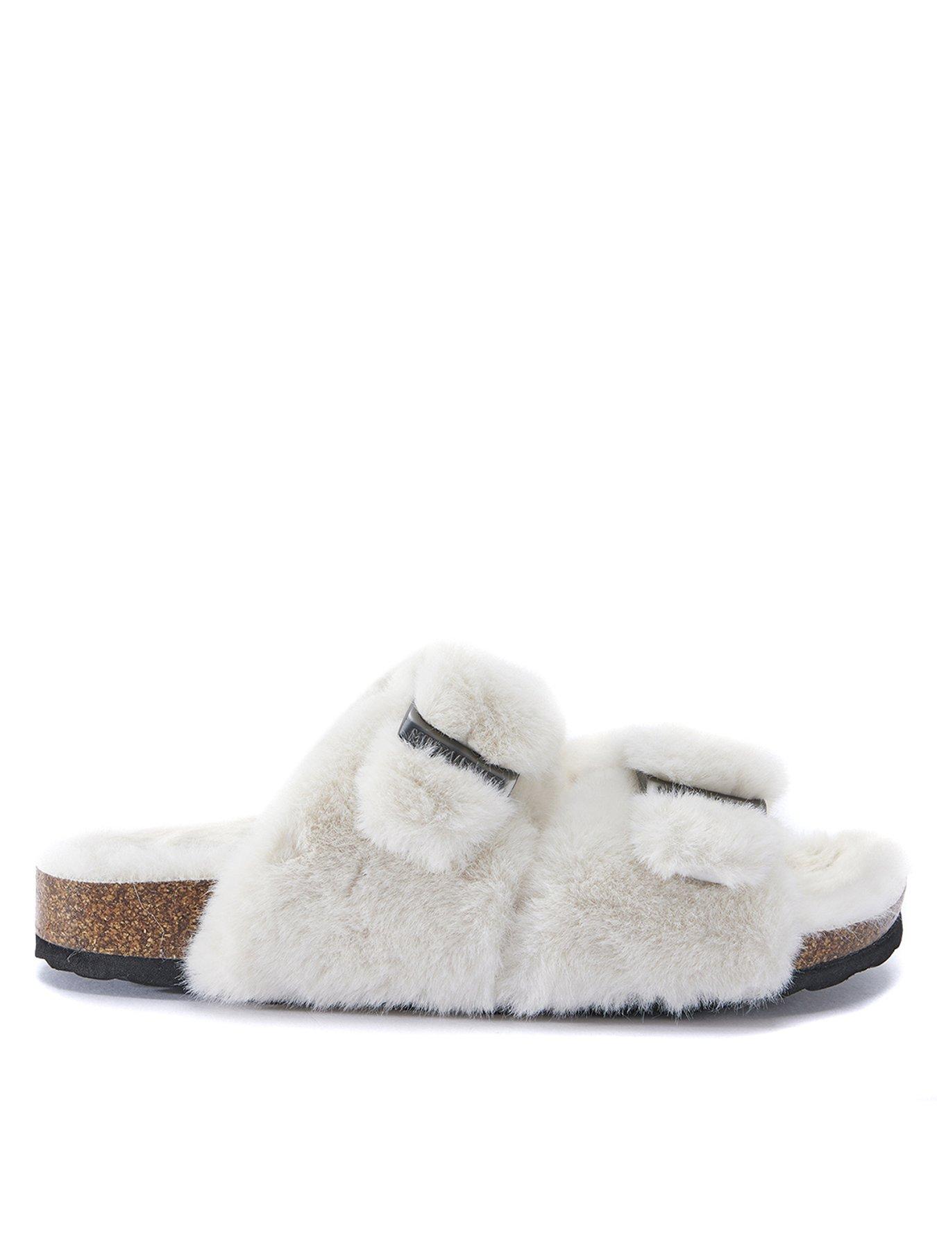 White company faux online fur strap slider slippers