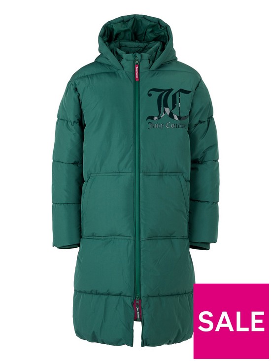 front image of juicy-couture-girls-longline-padded-jacket-trekking-green