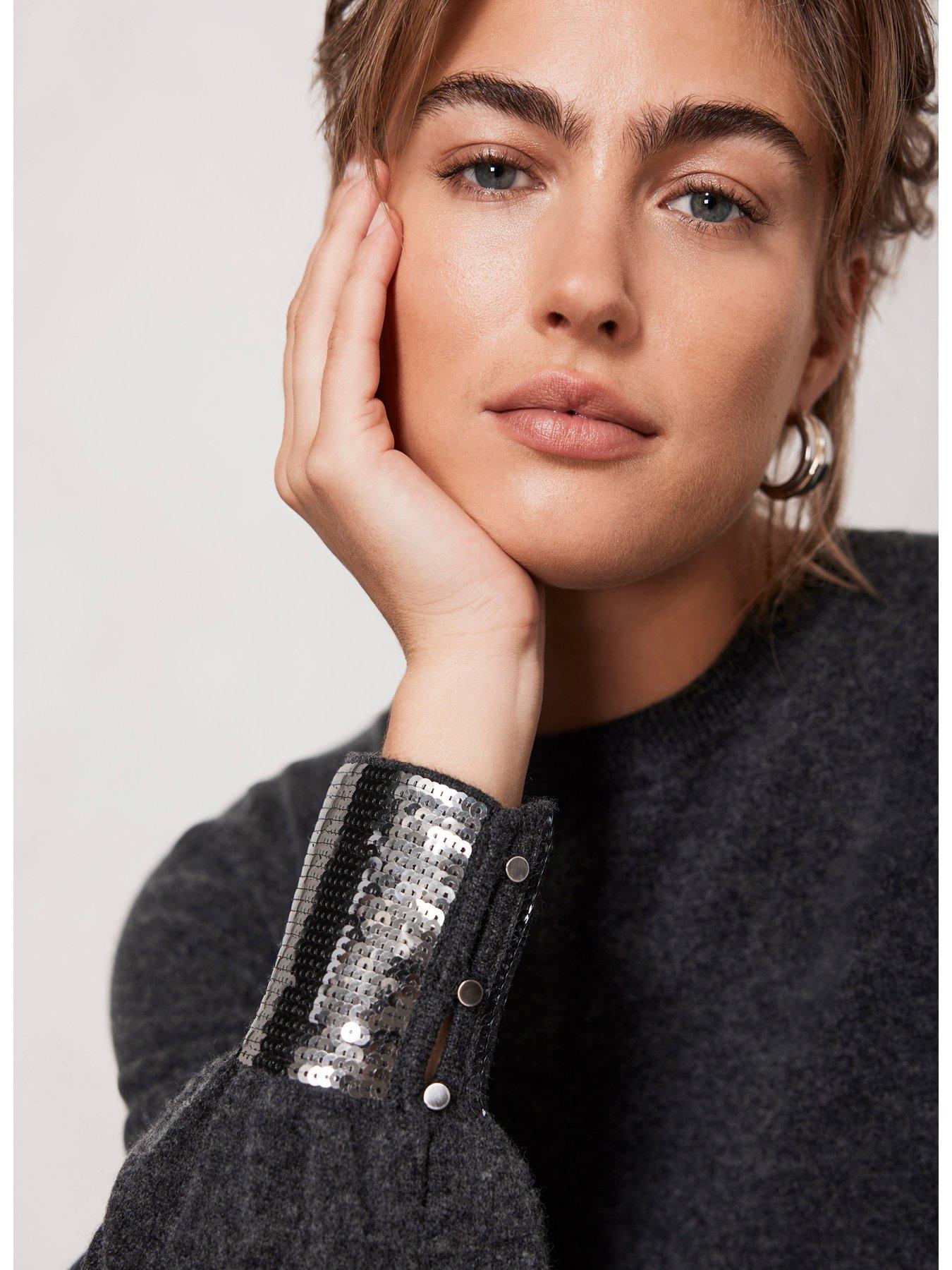 Mint Velvet Dark Grey Sequin Cuff Jumper | Very.co.uk