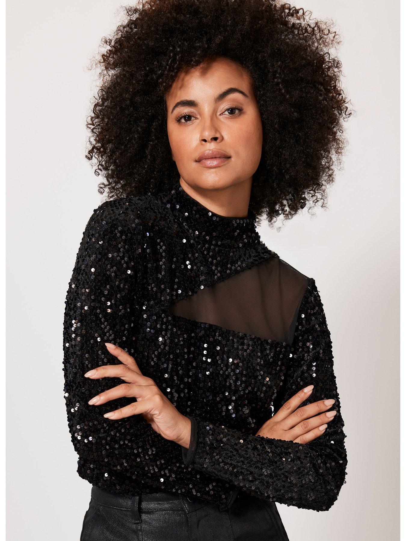 Black mesh hot sale sequin top