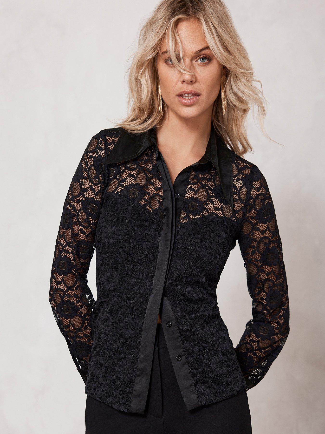 Black Lace Satin Mix Shirt