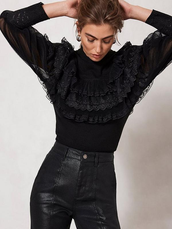 Black Woven Mix Tulle Top