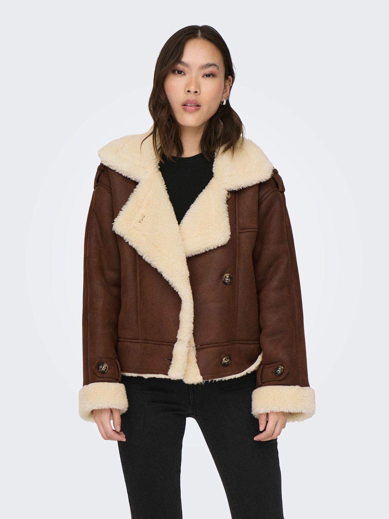 Faux Fur Lined Zip Detail Aviator Jacket in Brown - Roman Originals UK