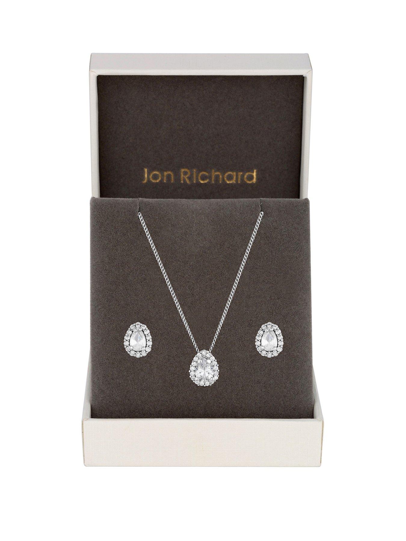 Jon Richard Rhodium Plated Cubic Zirconia Pear Stone Set - Gift Boxed