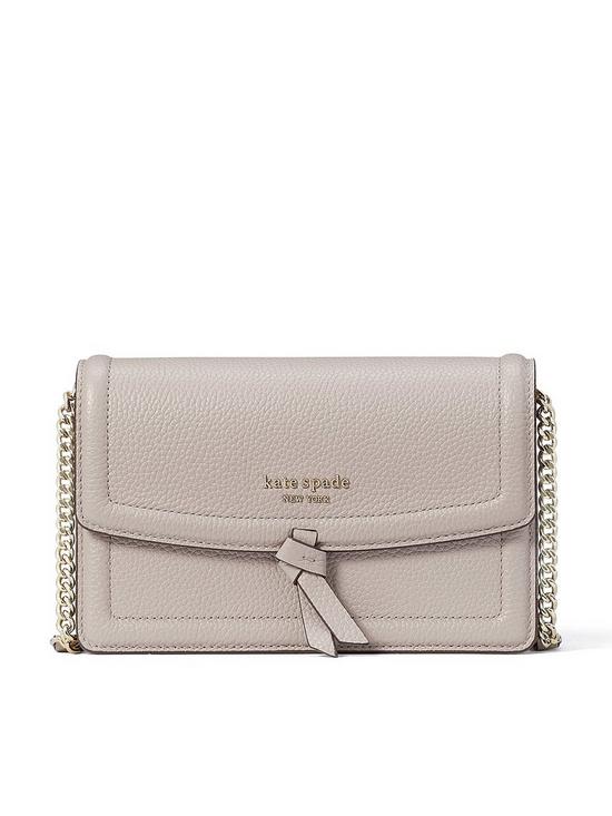 front image of kate-spade-new-york-knott-pebbled-leather-flap-crossbody-cream