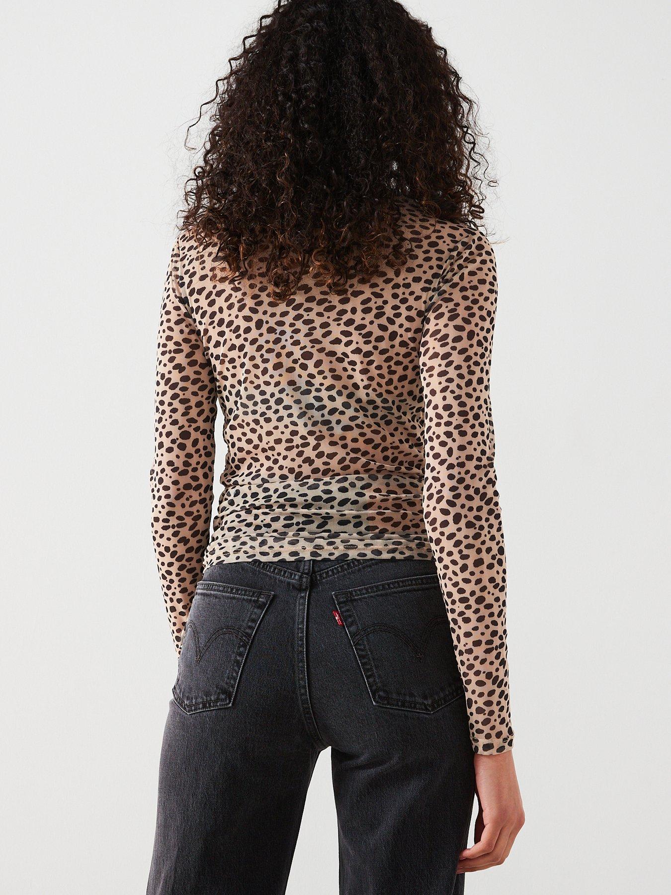 Stella Stella Leopard Print Long Sleeve Mesh Top in Black