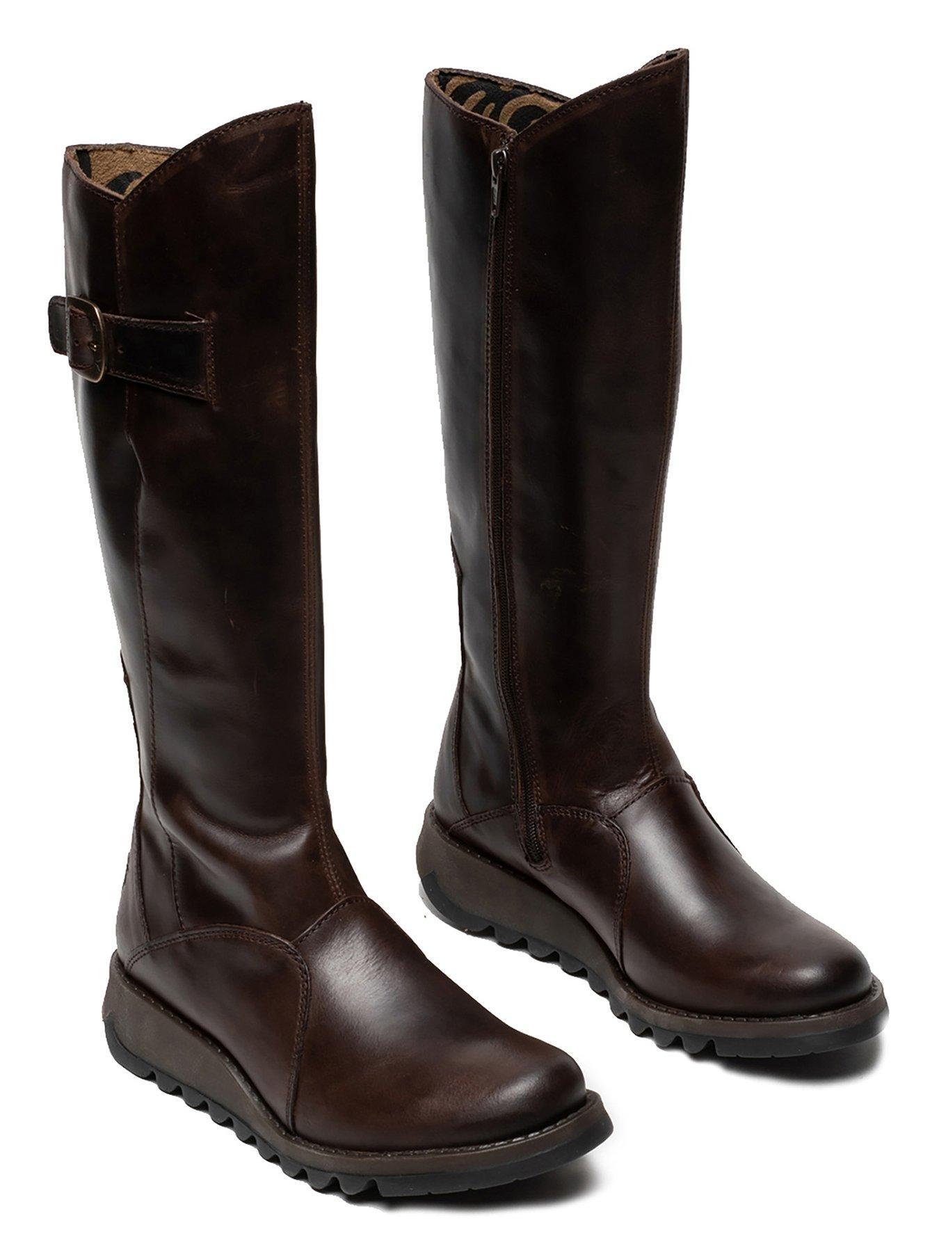 Fly London Mol 2 Buckle Detail Wedged Knee Boots Dark Brown