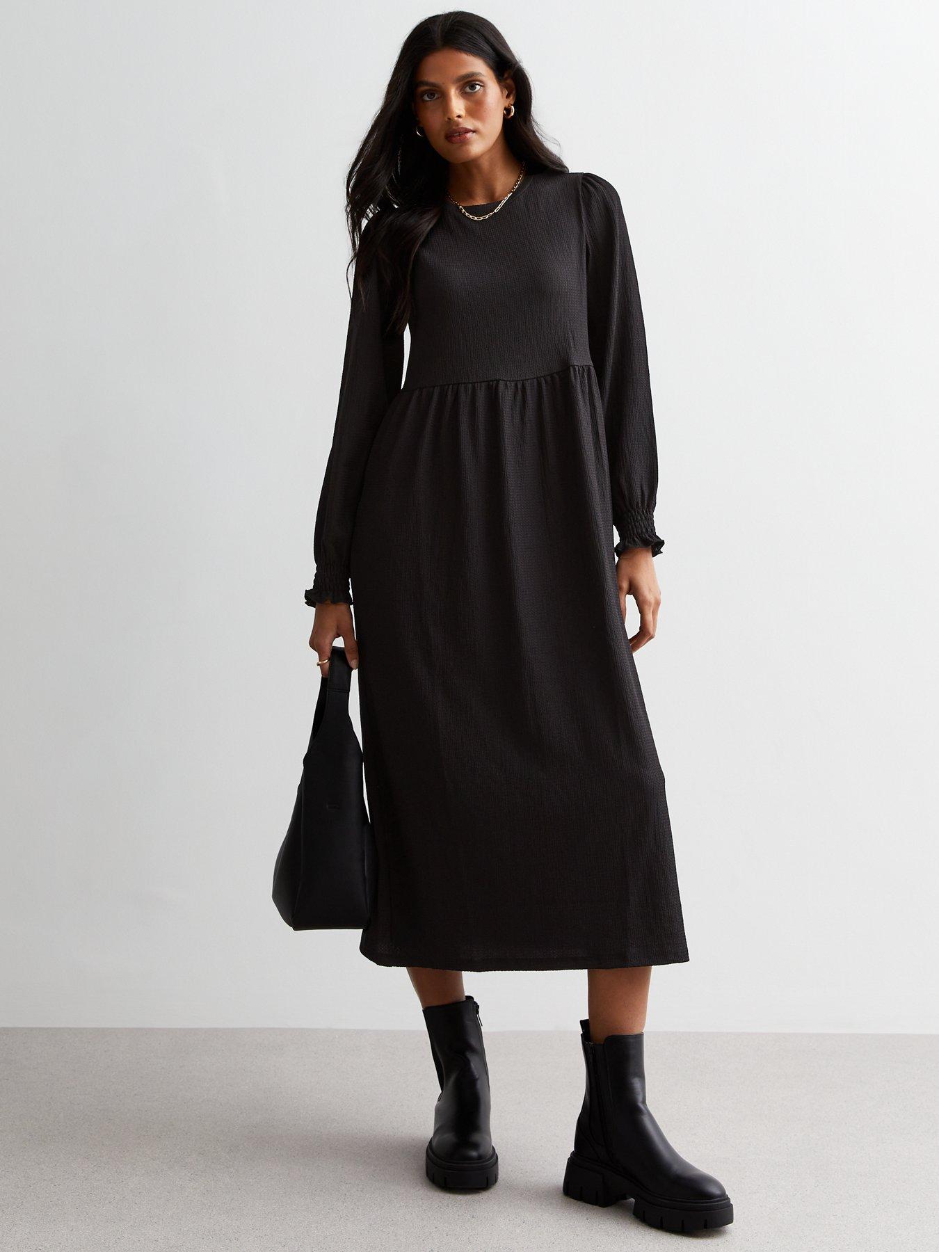 New Look Black Crinkle Jersey Long Sleeve Midaxi Smock Dress