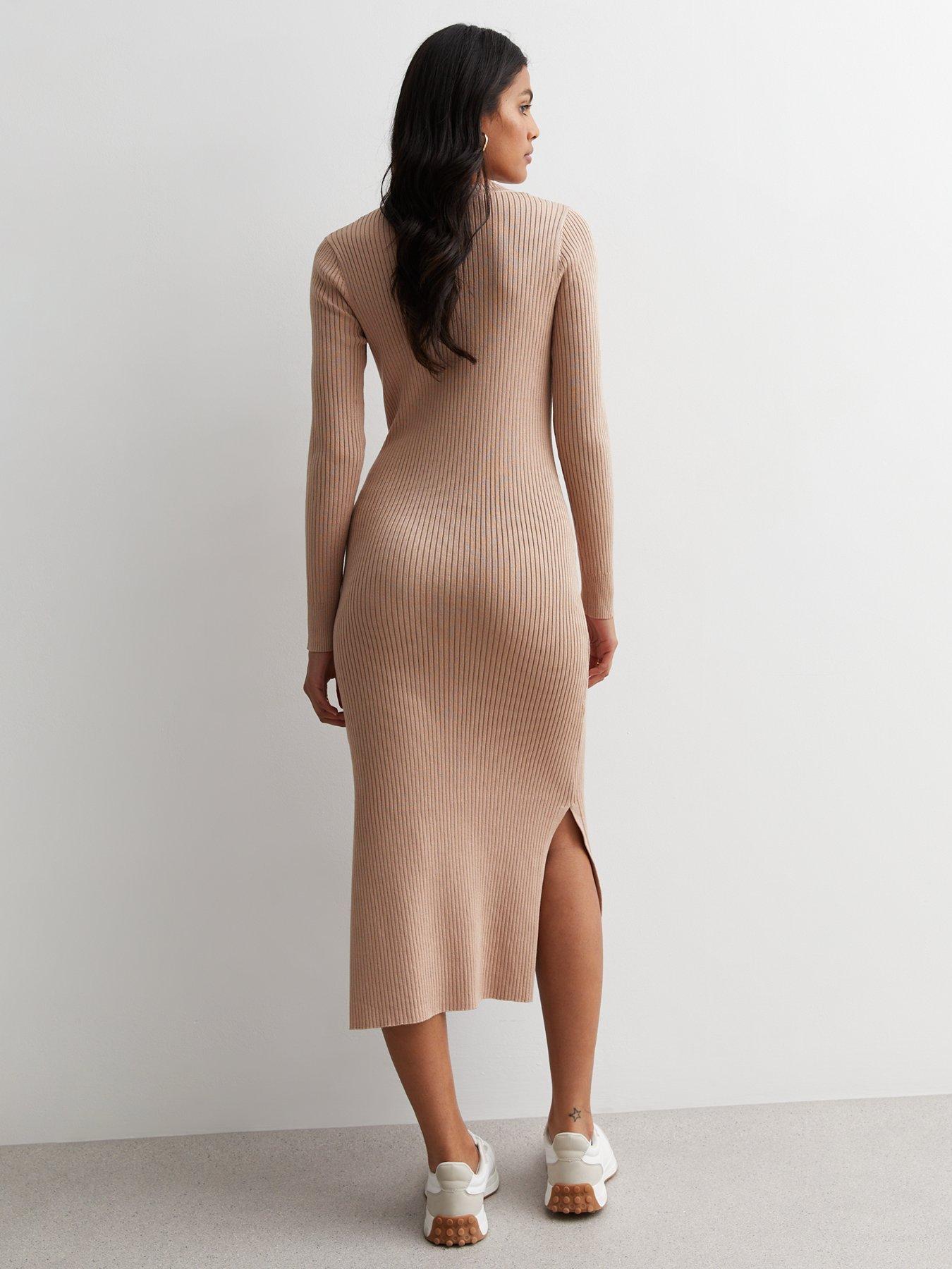 Camel ribbed midi clearance dress