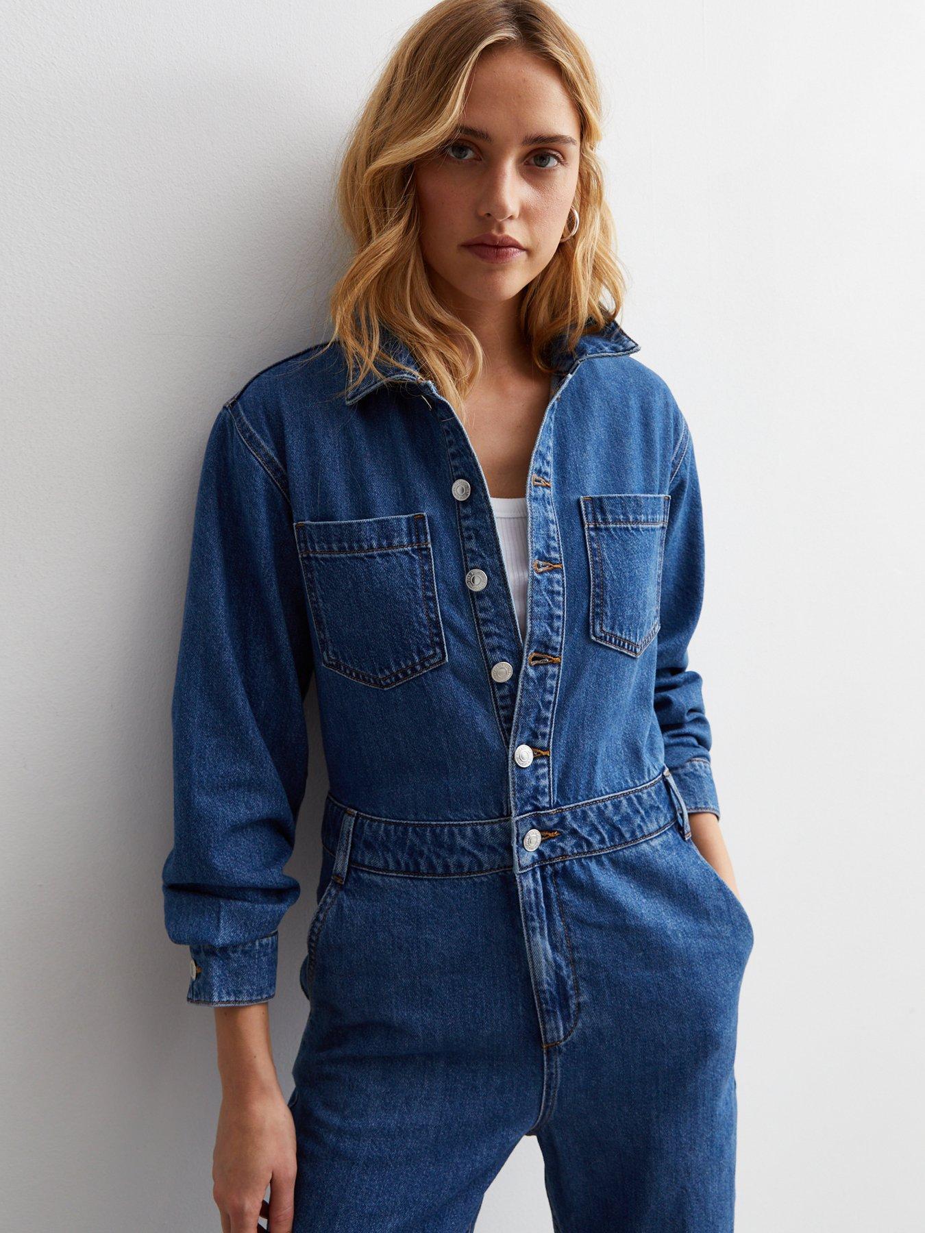 New Look Blue Denim Long Sleeve Jumpsuit | Very.co.uk