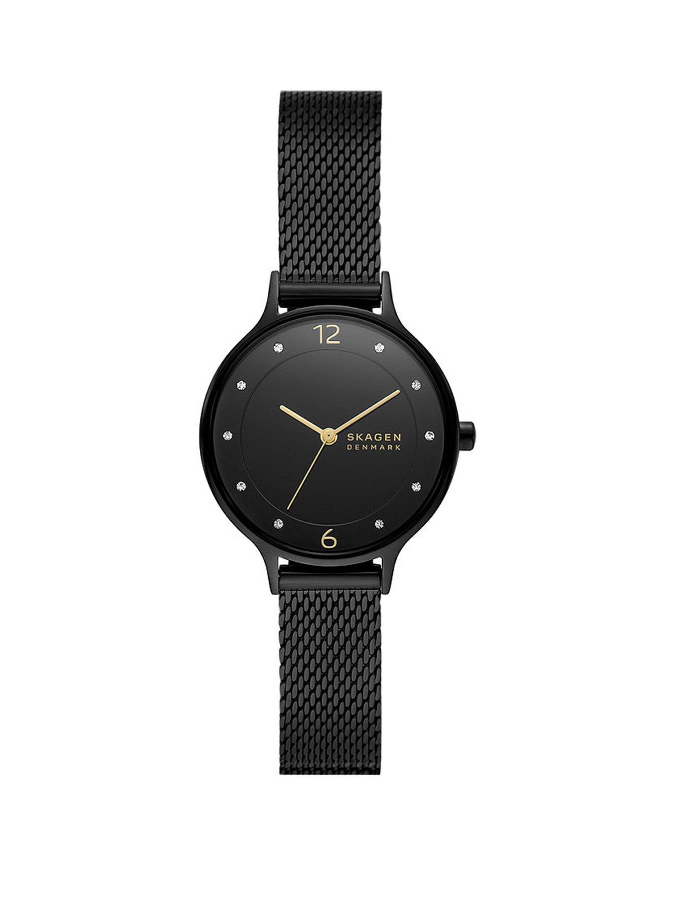 Product photograph of Skagen Anita Lille Three-hand Black Stainless Steel Mesh Watch from very.co.uk
