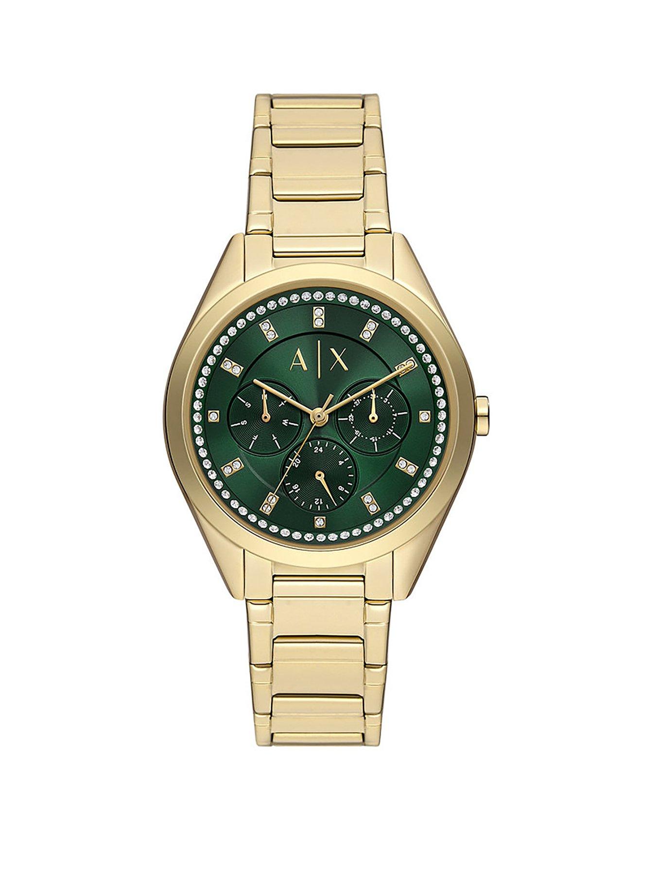 Product photograph of Armani Exchange Multifunction Gold-tone Stainless Steel Watch from very.co.uk