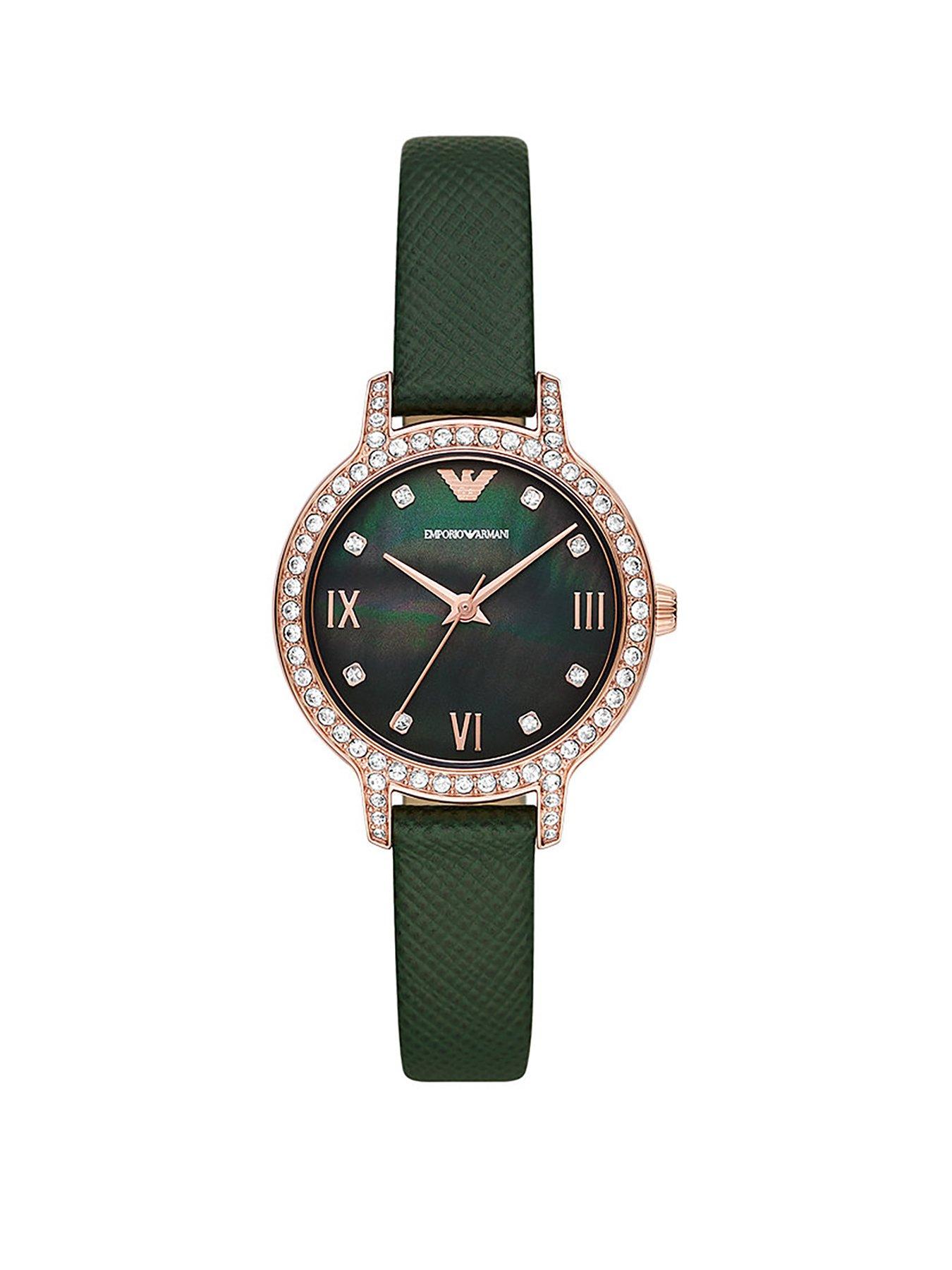 Product photograph of Emporio Armani Three-hand Green Leather Watch from very.co.uk