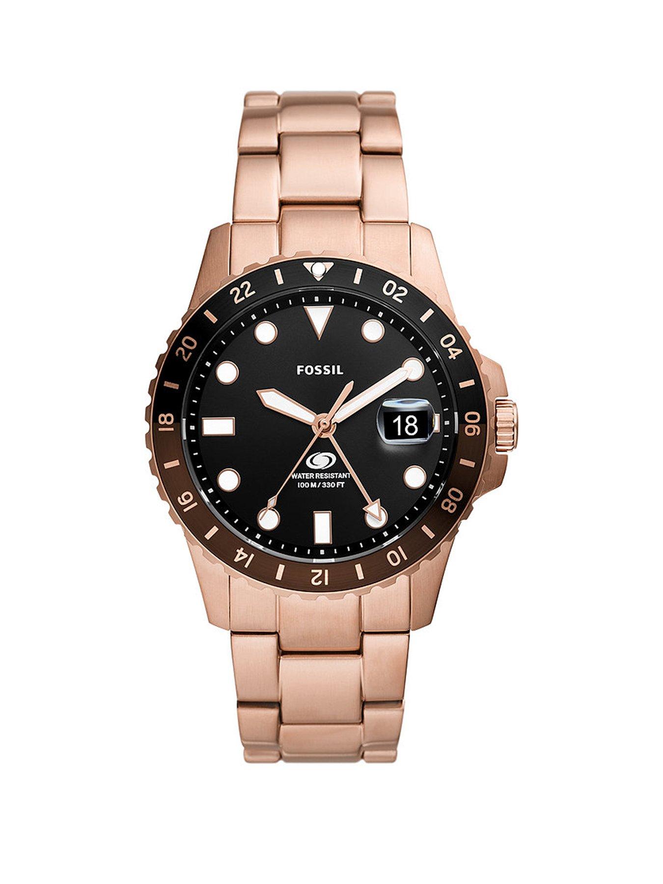 Product photograph of Fossil Blue Gmt Rose Gold-tone Stainless Steel Watch from very.co.uk
