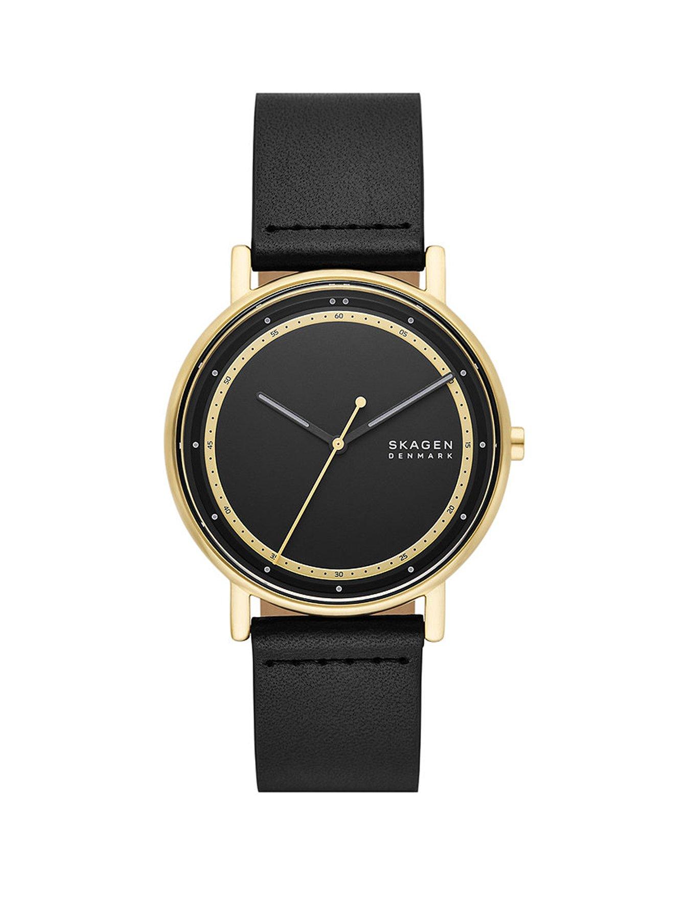 Product photograph of Skagen Signatur Three-hand Black Leather Watch from very.co.uk