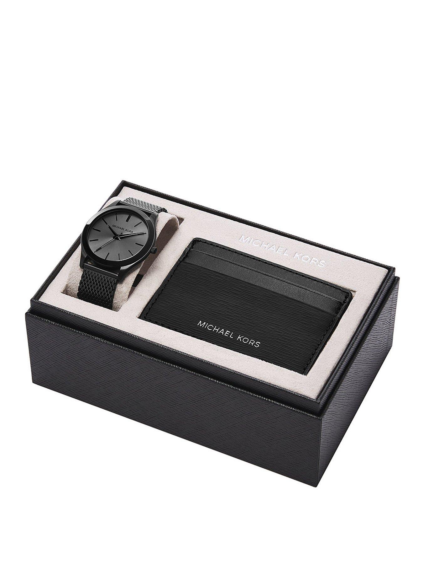 Product photograph of Michael Kors Runway Three-hand Black Stainless Steel Mesh Watch And Wallet Gift Set from very.co.uk