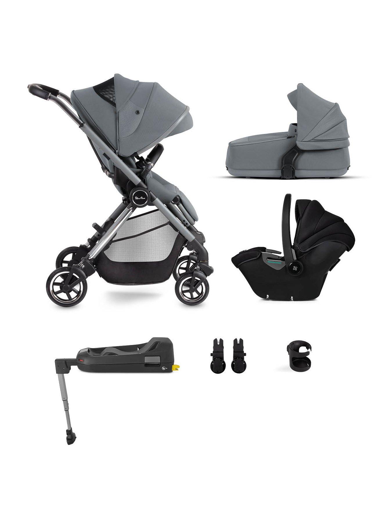 Silver Cross Dune Compact Pushchair Travel Pack - Car Seat, Base, Cup Holder, Adaptors  Folding Carry Cot - Glacier