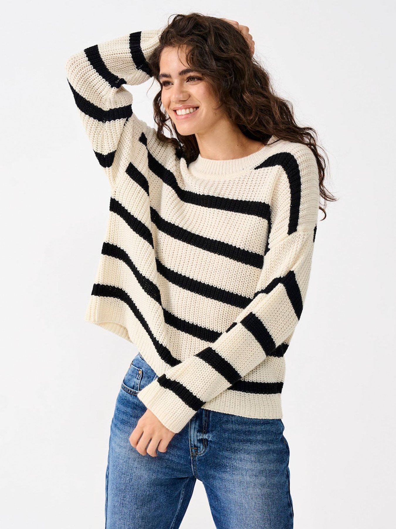 JDY Justy Long Sleeve Stripe Knitted Pull Over Knit - Beige | Very.co.uk