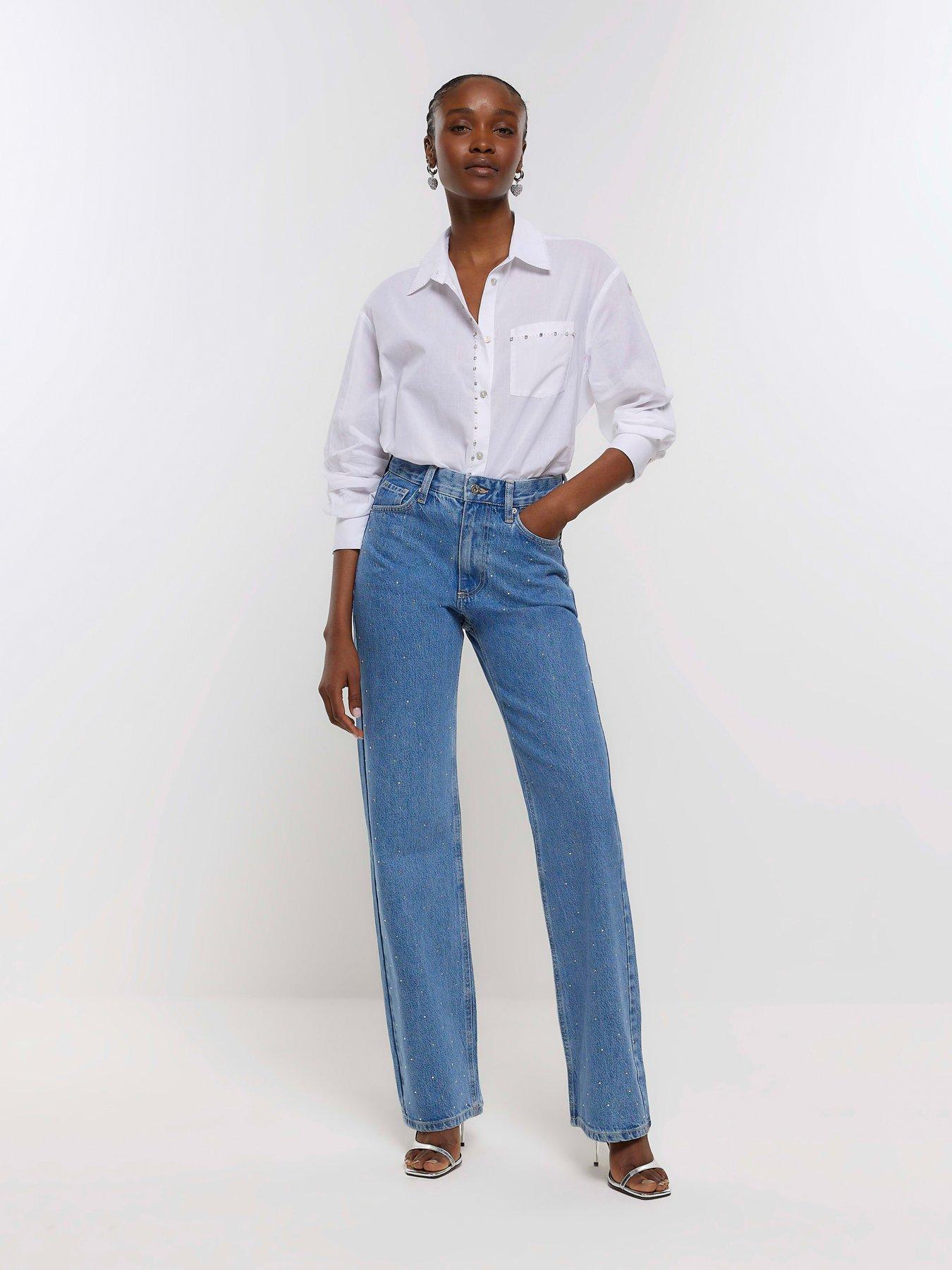 River Island Relaxed Embelished Straight Leg Jean Light Denim