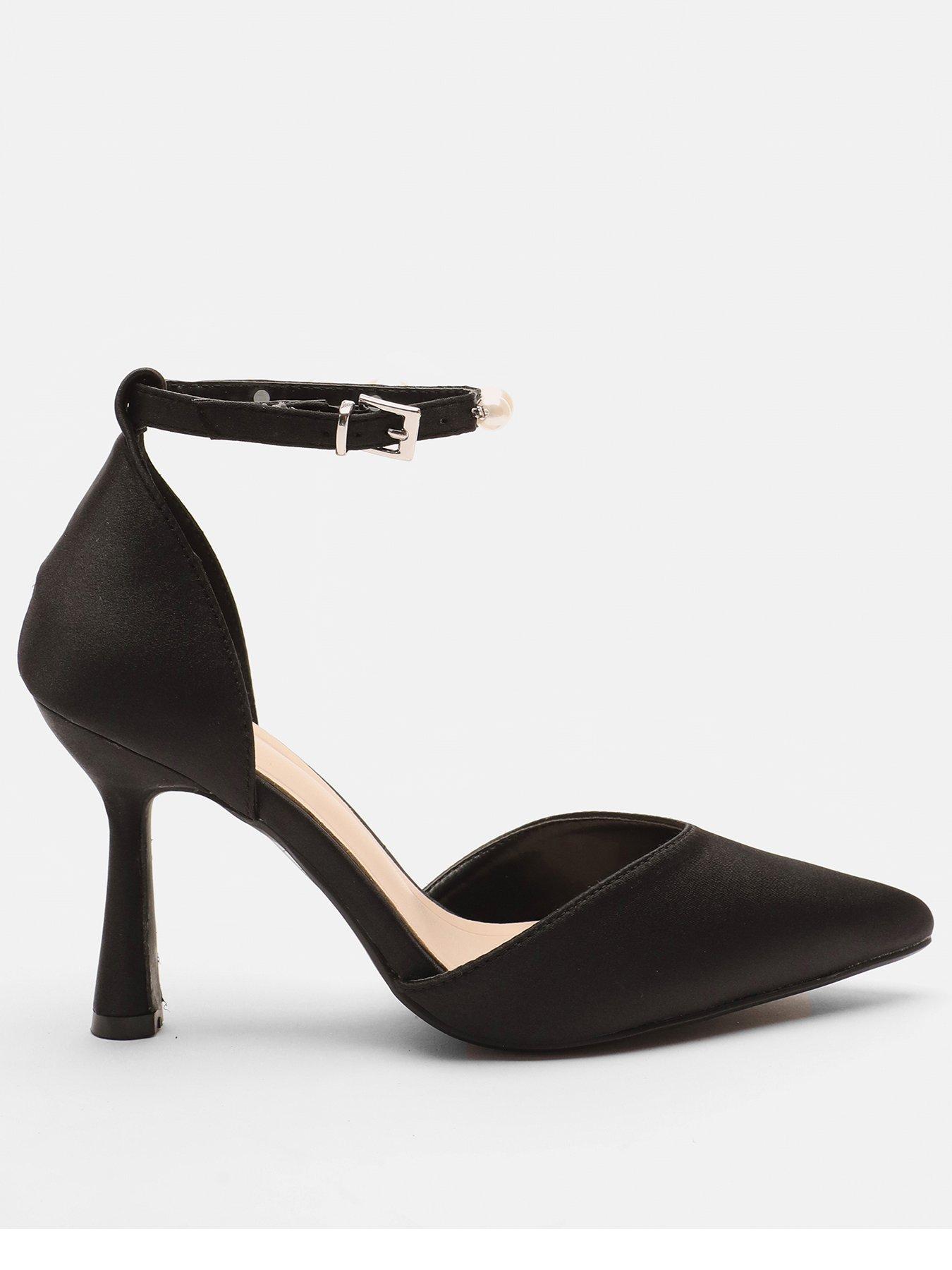 Quiz Black Satin Pearl Ankle Strap Court Heels | Very.co.uk