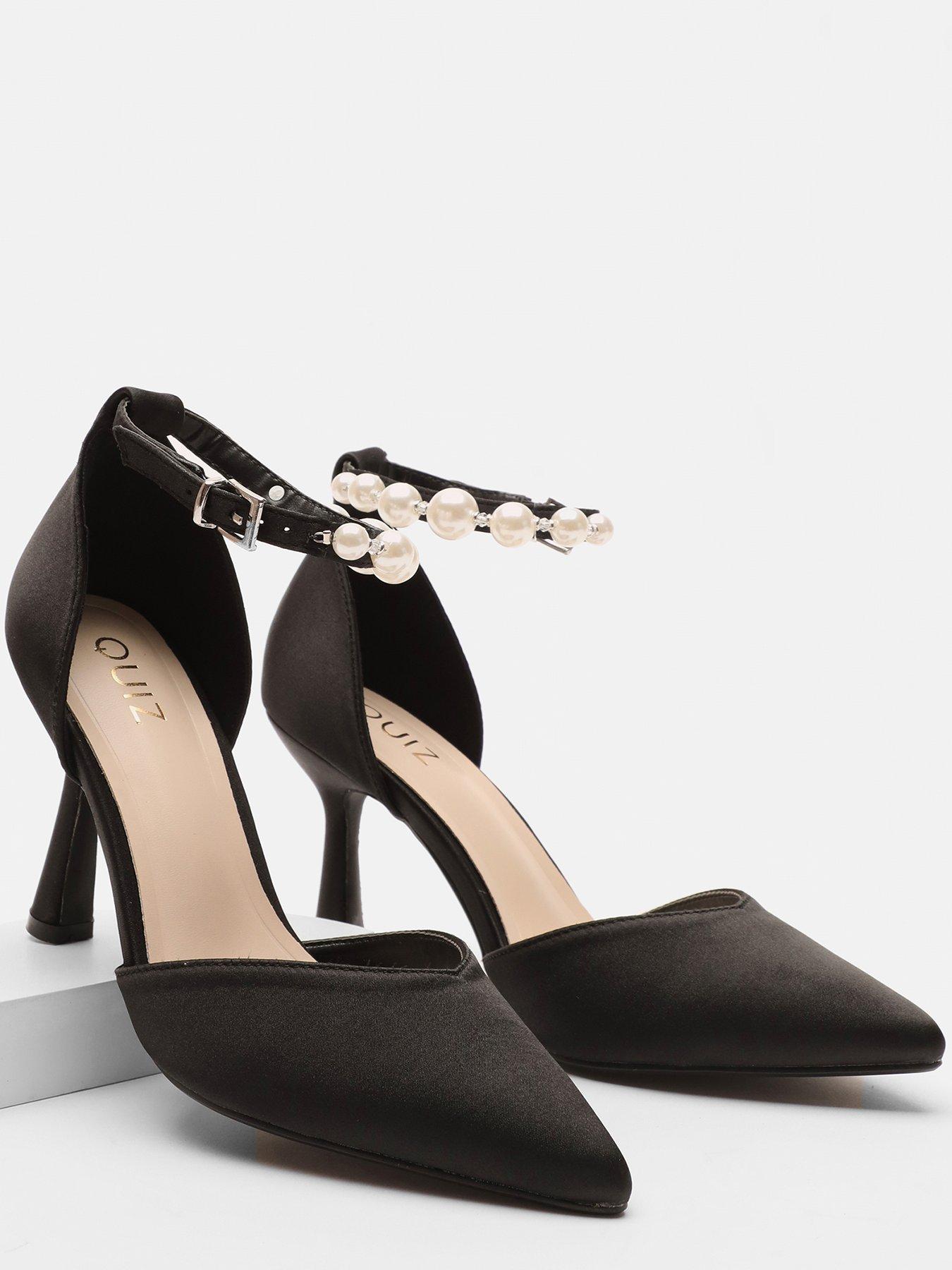 Black Satin Pearl Ankle Strap Court Heels