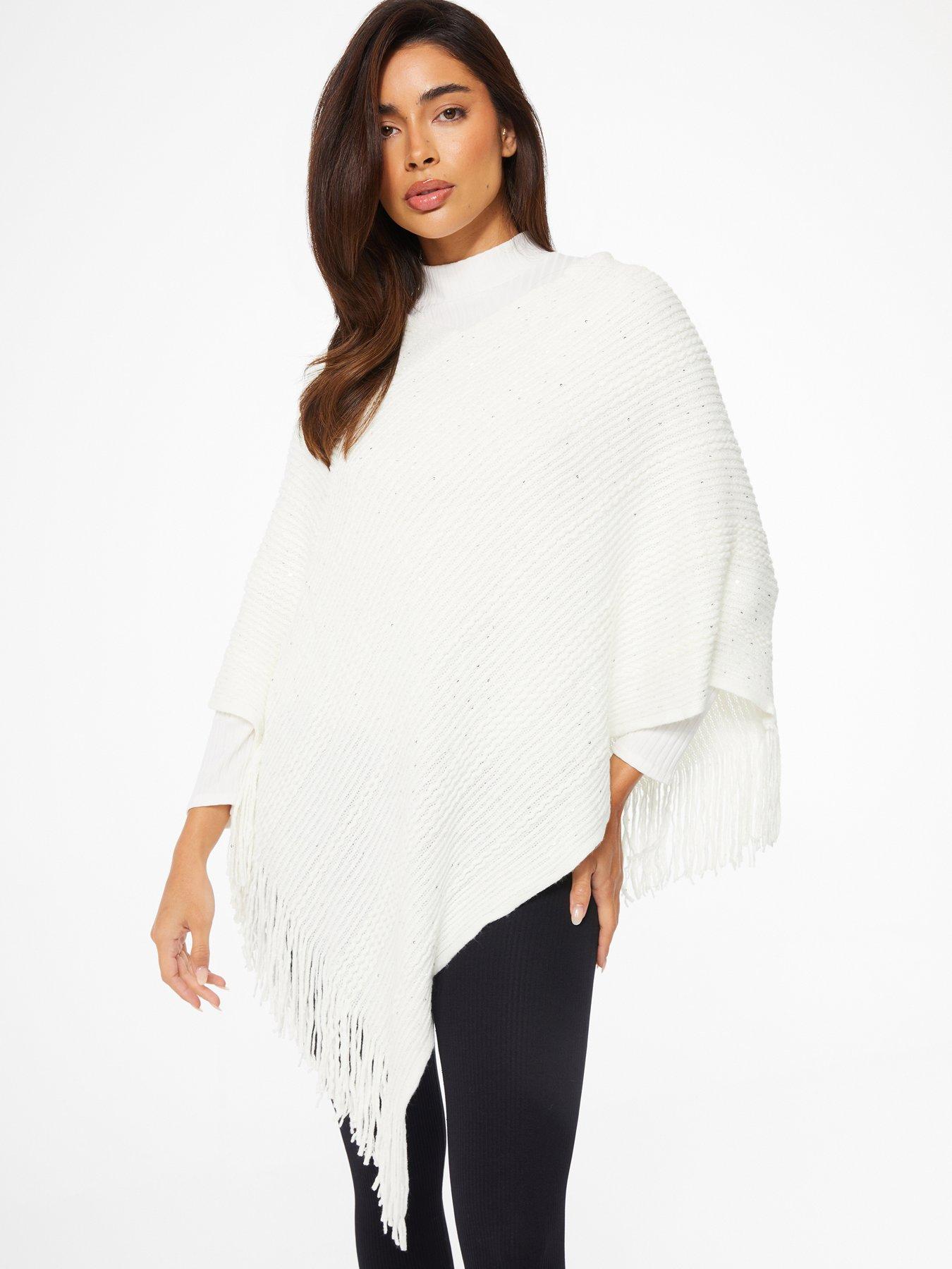 Cream Sequin Fine Knit Poncho