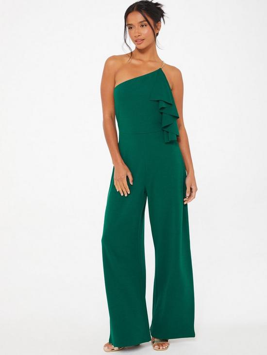 front image of quiz-petite-bottle-green-one-shoulder-frill-palazzo-jumpsuit