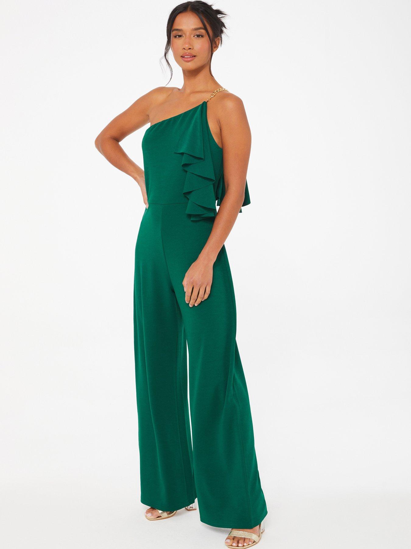 Quiz Petite Bottle Green One Shoulder Frill Palazzo Jumpsuit