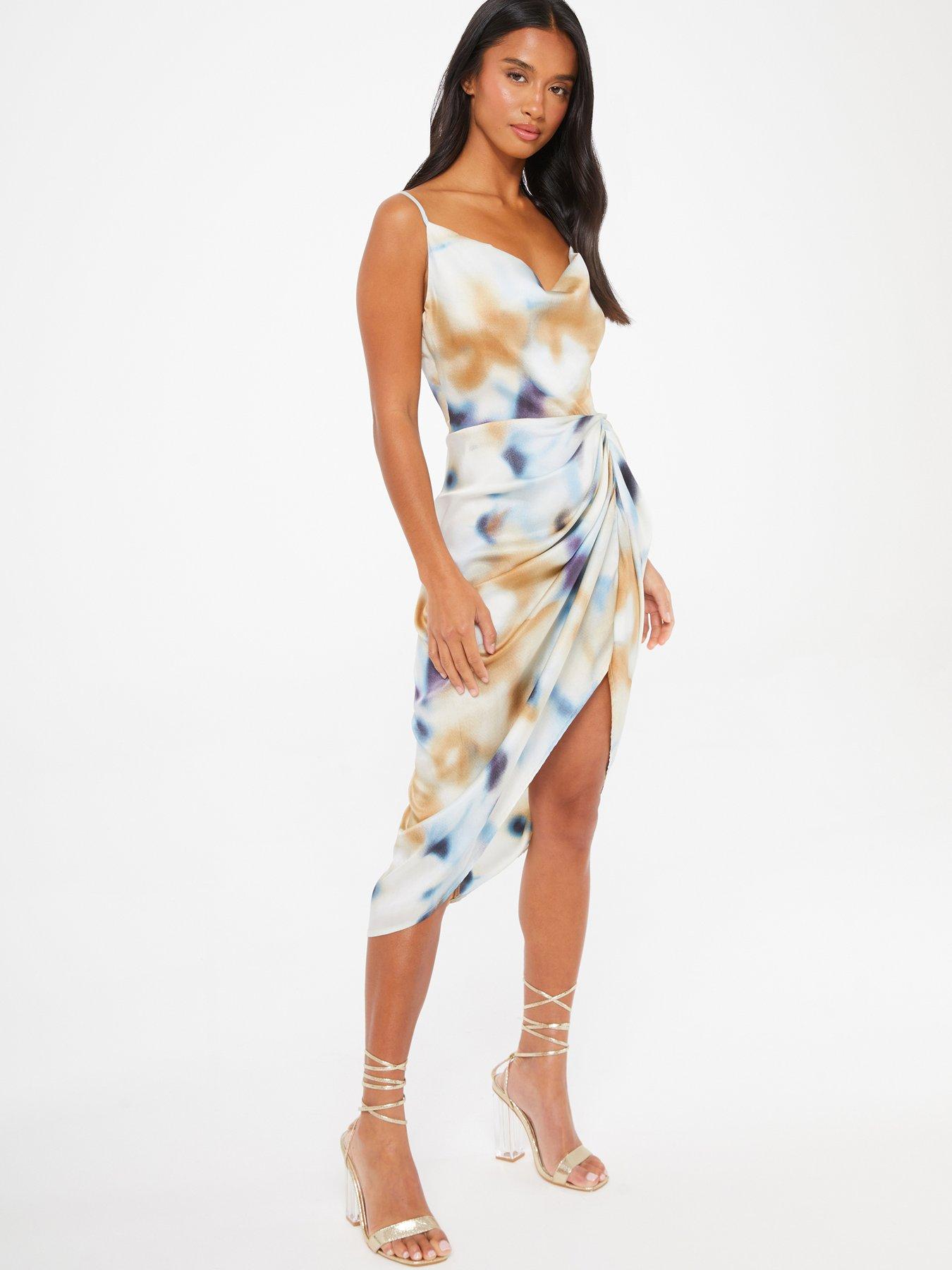 Quiz Petite Multicoloured Marble Print Satin Ruched Midi Dress | Very.co.uk