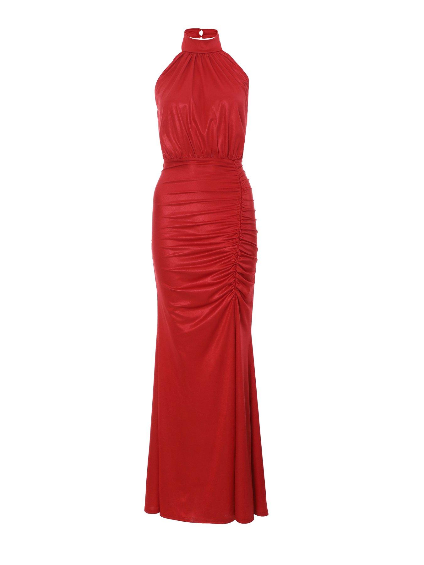 Image 4 of 6 of Quiz Red Halter Neck Ruched Maxi Dress