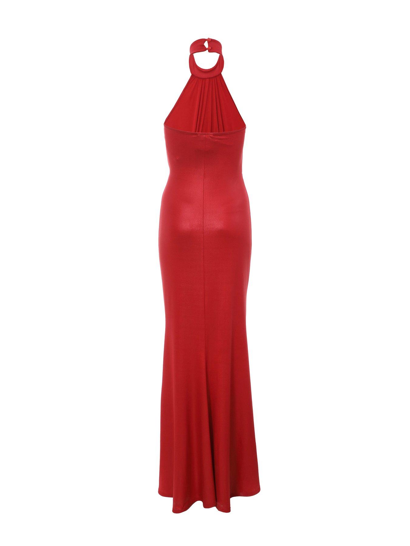 Image 5 of 6 of Quiz Red Halter Neck Ruched Maxi Dress