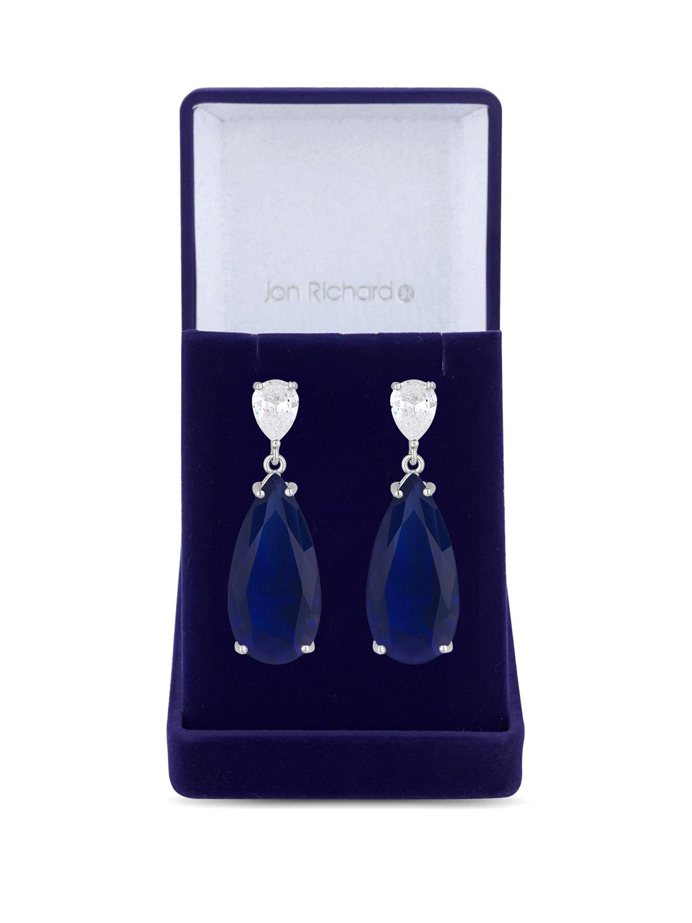 Product photograph of Jon Richard Rhodium Plated Cubic Zirconia Statement Blue Peardrop Earrings - Gift Boxed from very.co.uk
