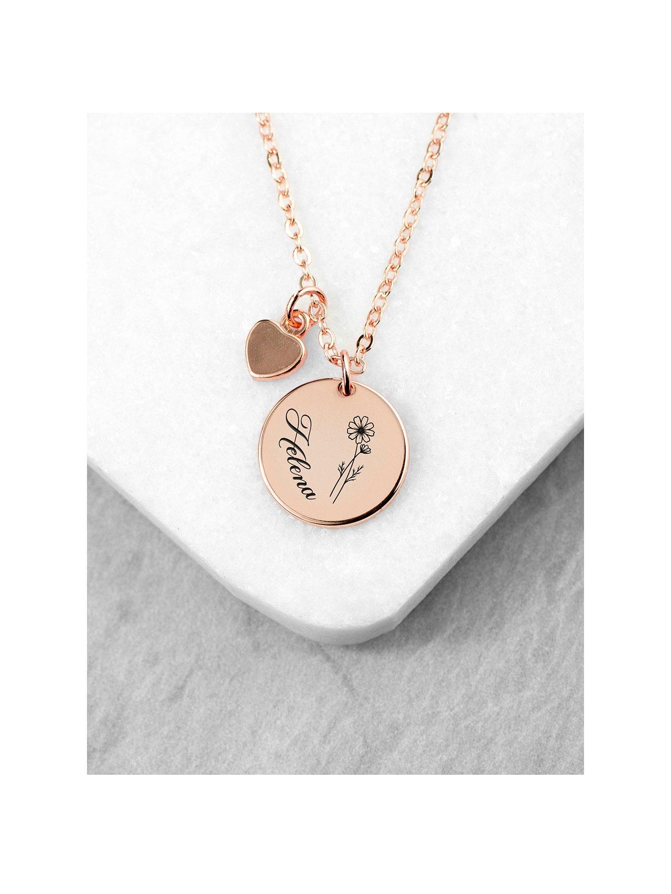 Product photograph of Treat Republic Personalised Birth Flower Heart And Disc Necklace - Rose Gold from very.co.uk
