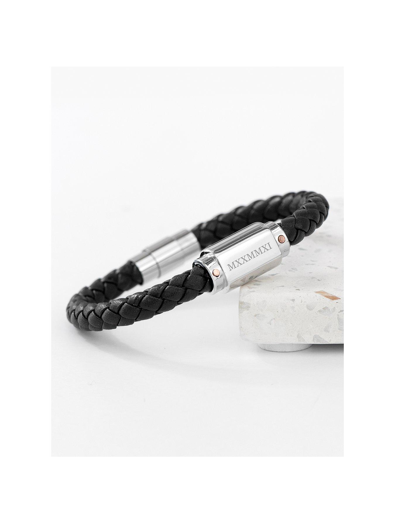 undefined Personalised Men's Roman Numerals Luxury Black Leather Bracelet