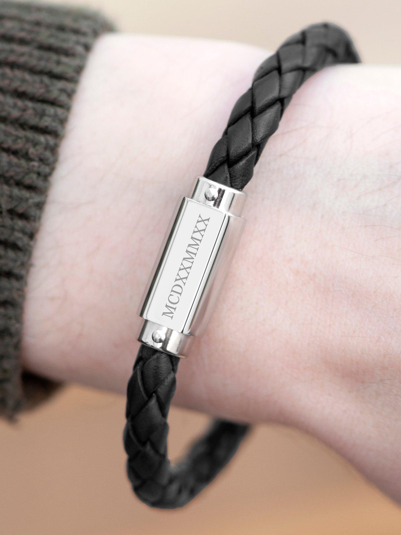 Image 2 of 5 of Treat Republic Personalised Men's Roman Numerals Luxury Black Leather Bracelet