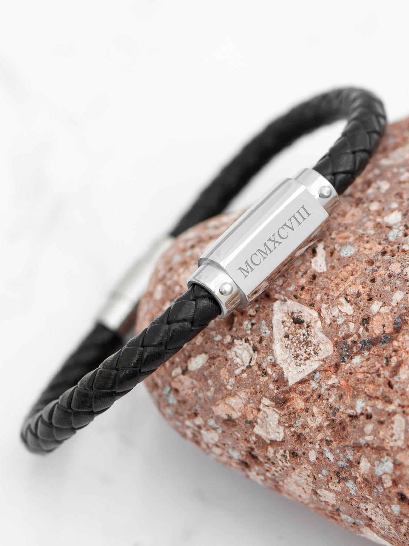 Image 3 of 5 of Treat Republic Personalised Men's Roman Numerals Luxury Black Leather Bracelet