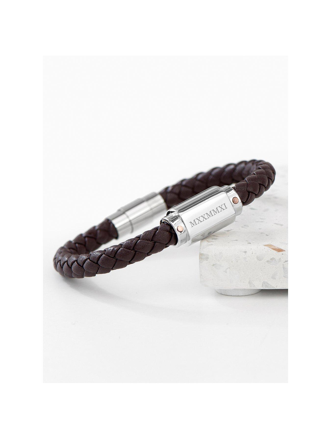 Product photograph of Treat Republic Personalised Men S Roman Numerals Luxury Brown Leather Bracelet from very.co.uk
