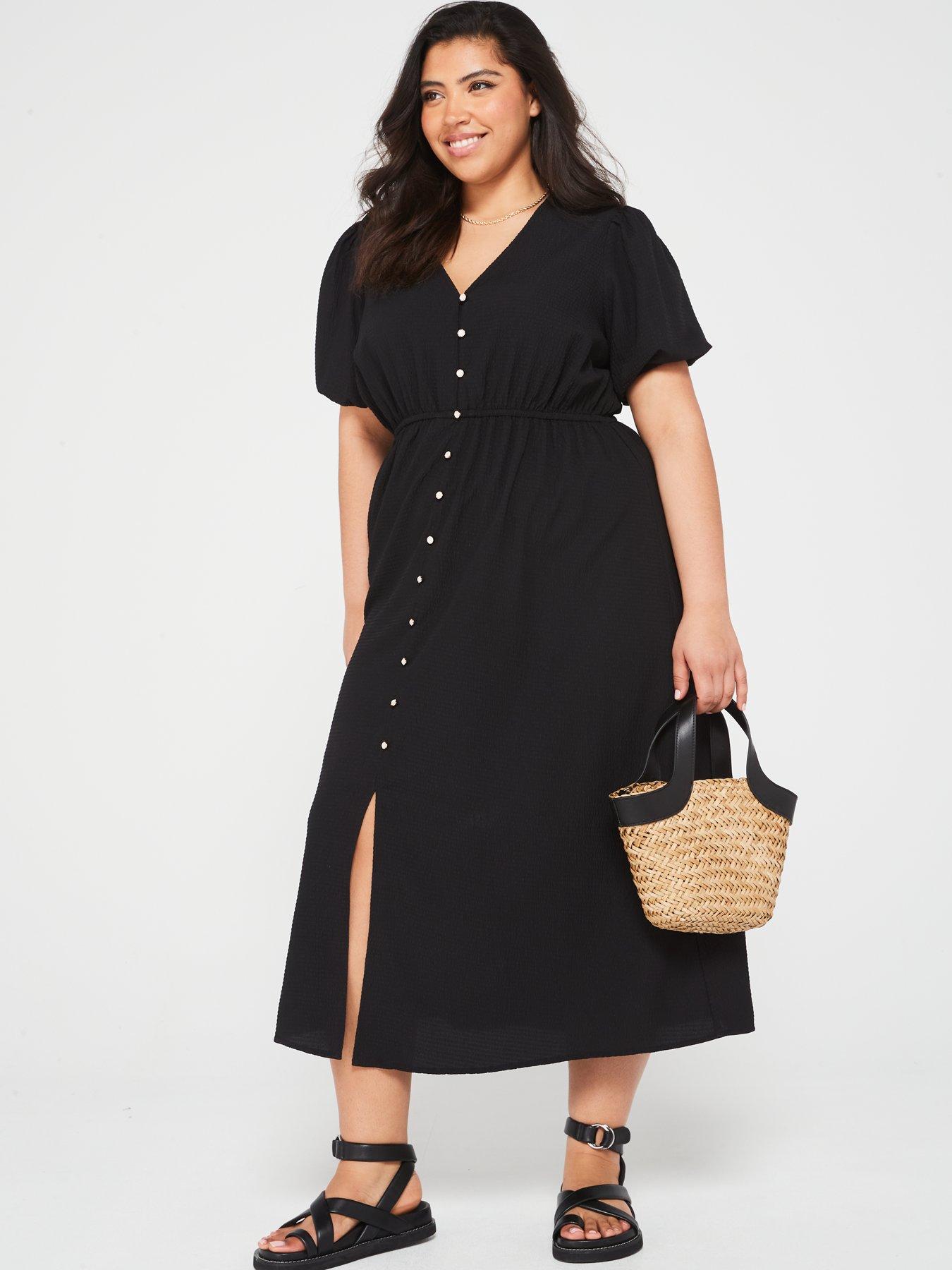 V By Very Curve Textured Button Through Midi Dress - Black