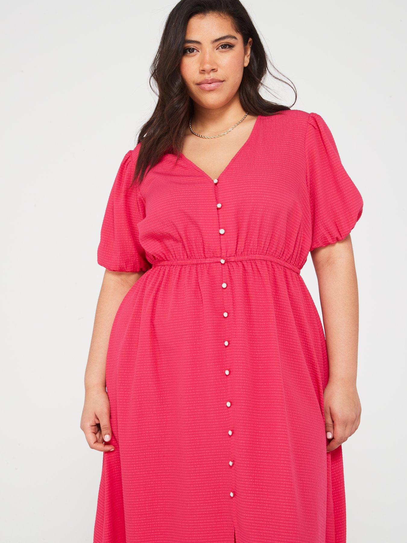 V by Very Curve Puffed Sleeve Midi Dress - Pink | Very.co.uk