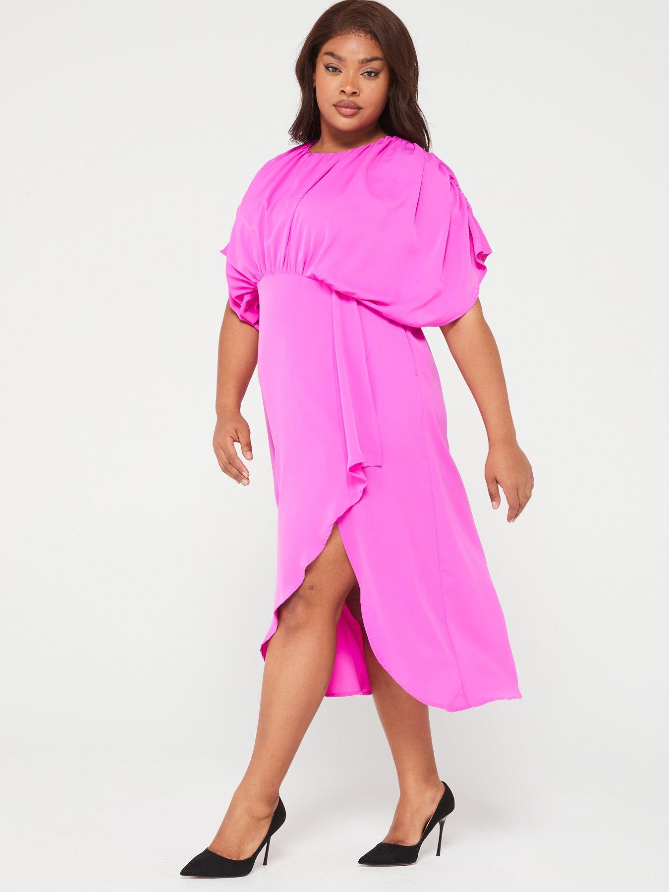 Image 3 of 6 of AX PARIS CURVE Cinched Midi Dress - Hot Pink