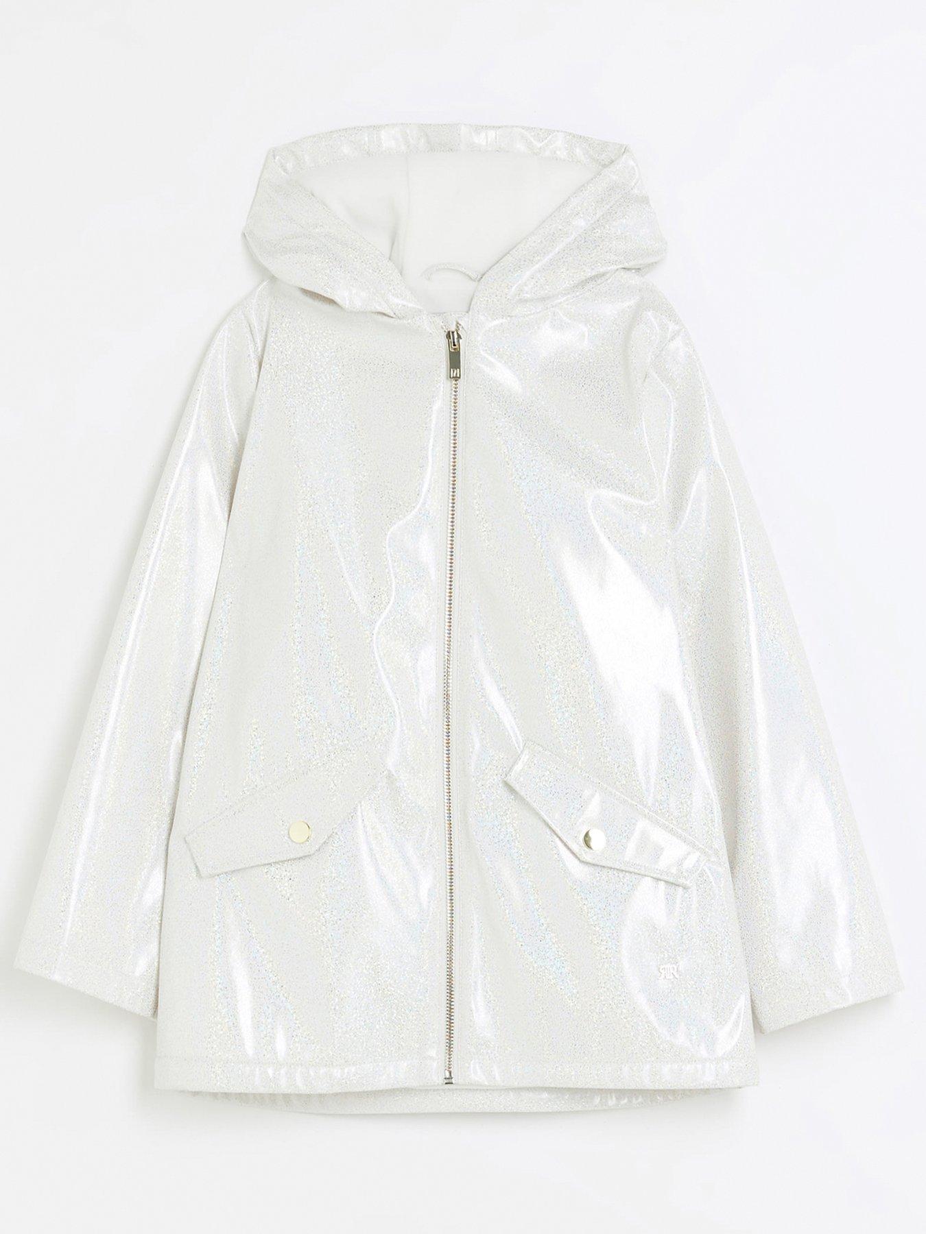 River Island Girls Glitter Hooded Rain Coat - White