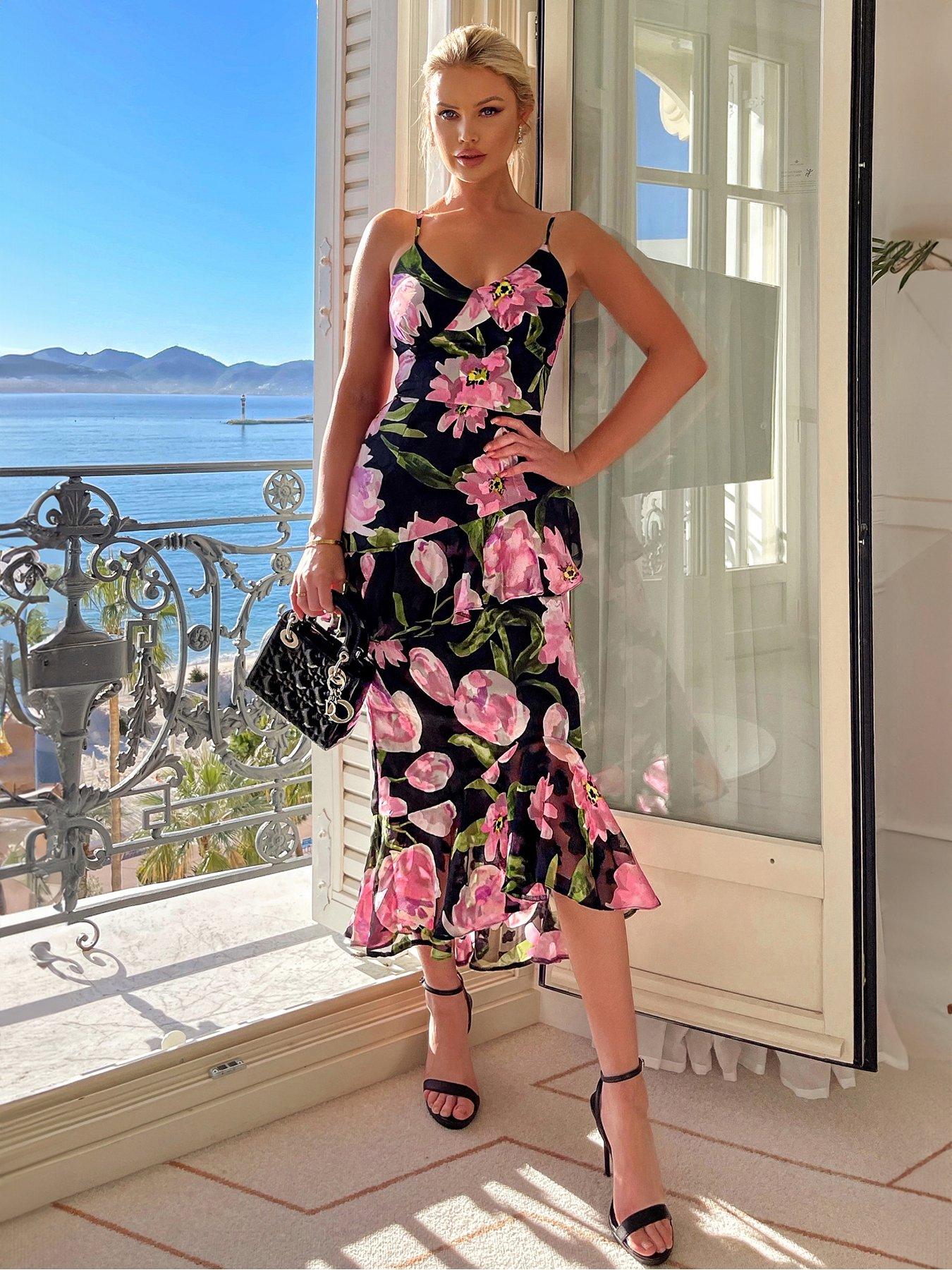 undefined Floral Frill Midi Dress - Black