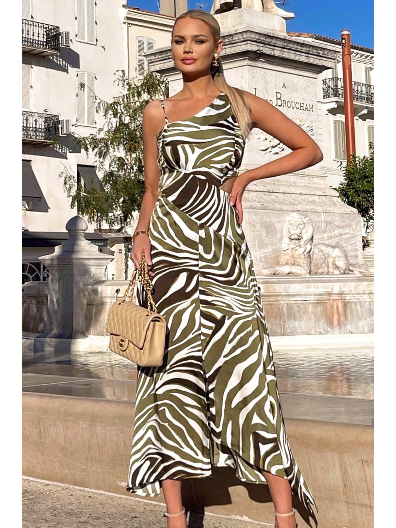 Zebra One Shoulder Midi Dress Olive