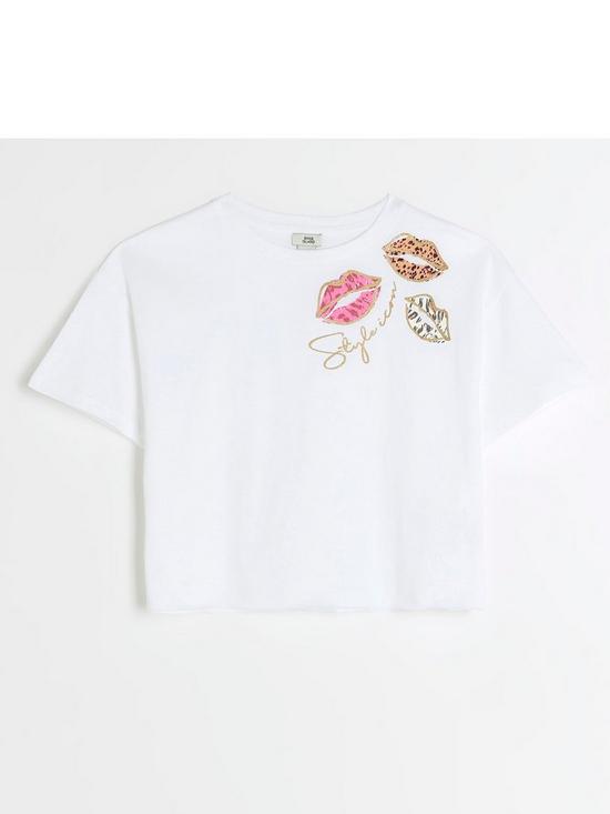 front image of river-island-girls-graphic-lips-t-shirt-white