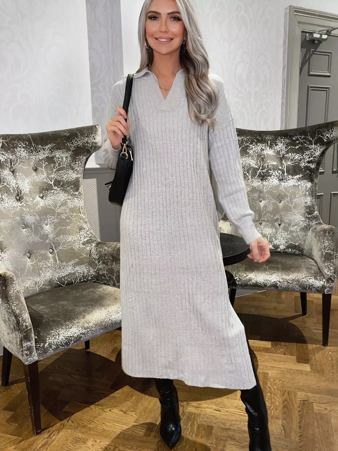 Silver Roll Neck Knit Jumper Dress – AX Paris