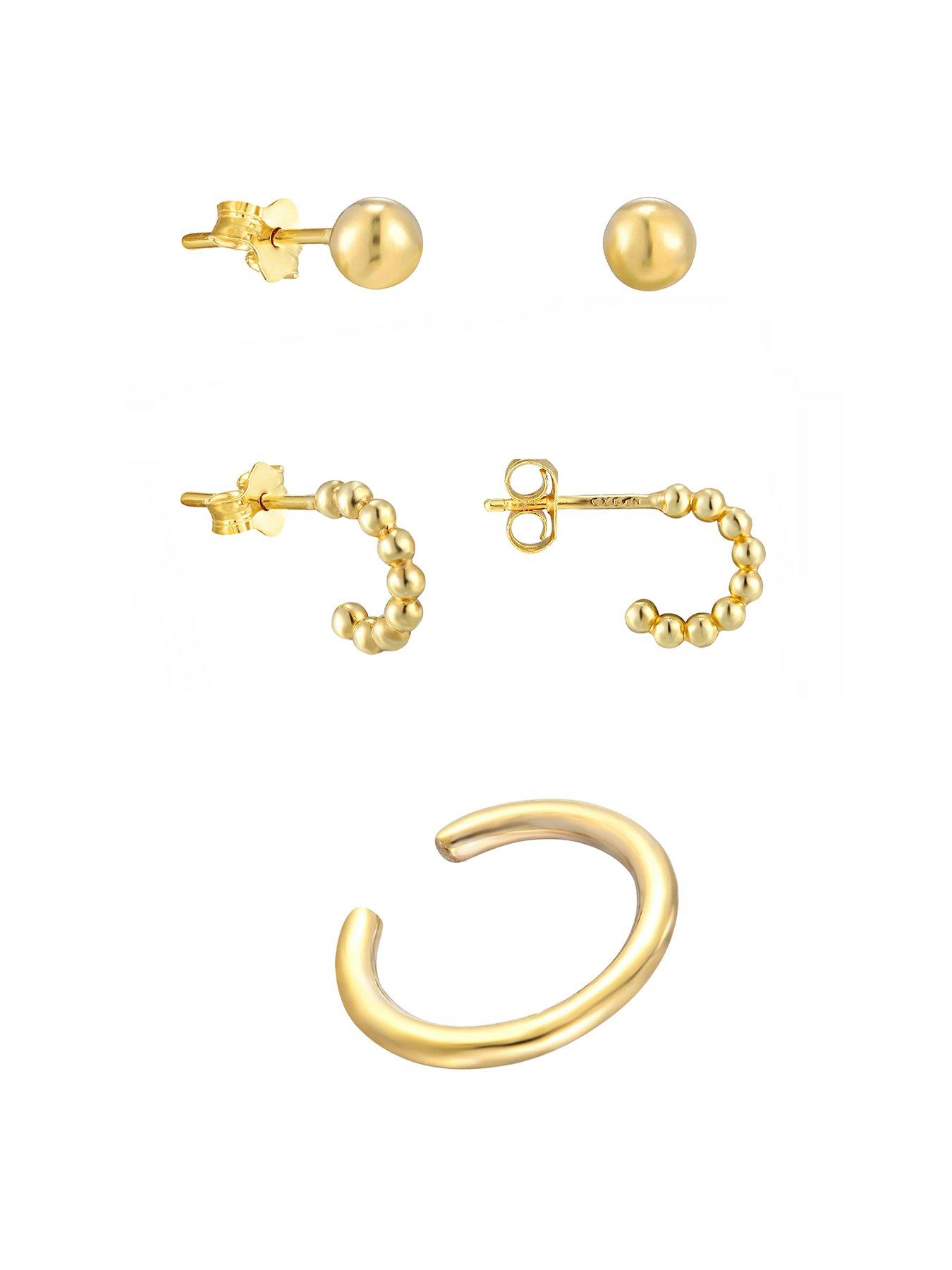 Product photograph of The Love Collection 18ct Gold Plated Stud Hoop Ball Stud And Cuff Set Of Earrings from very.co.uk